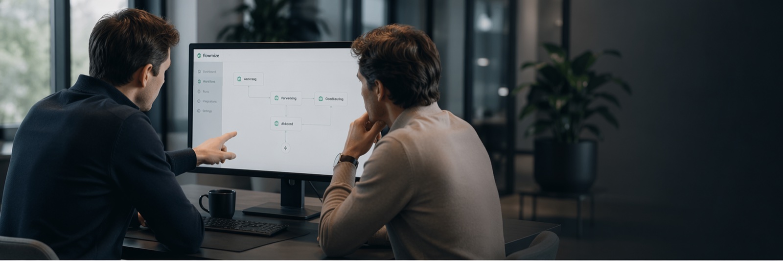 Twee mensen bespreken een automatiseringsworkflow op een scherm: visueel overzicht van een n8n-flow met stappen als aanvraag, verwerking en goedkeuring