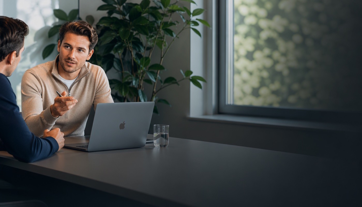 Intake gesprek bij een klant: twee mensen bespreken het proces aan tafel met een laptop erbij